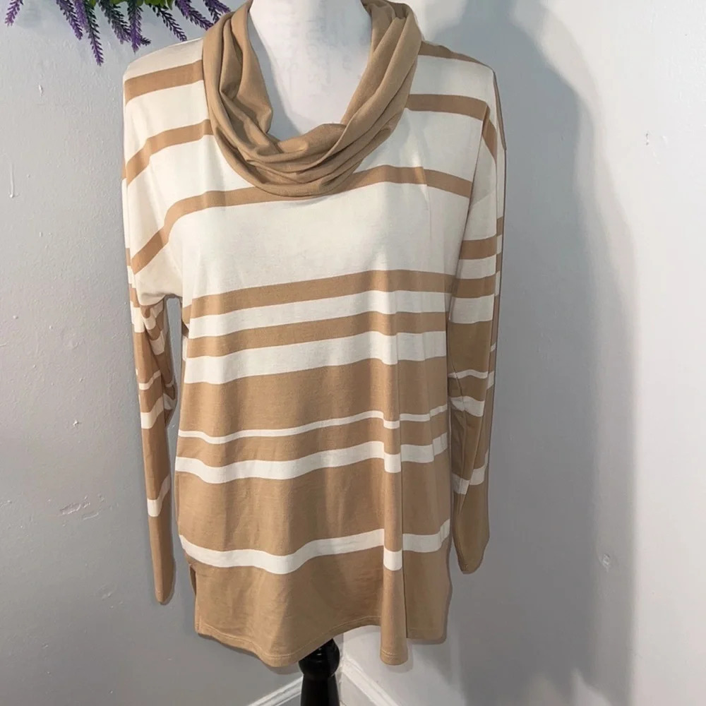 Chico’s,1 Long sleeve cream and tan striped light weight cowl neck blouse.